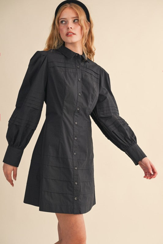 Black Pin Tuck Button Down Mini Dress