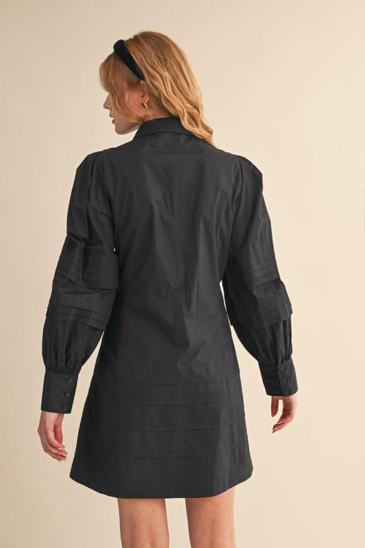 Black Pin Tuck Button Down Mini Dress