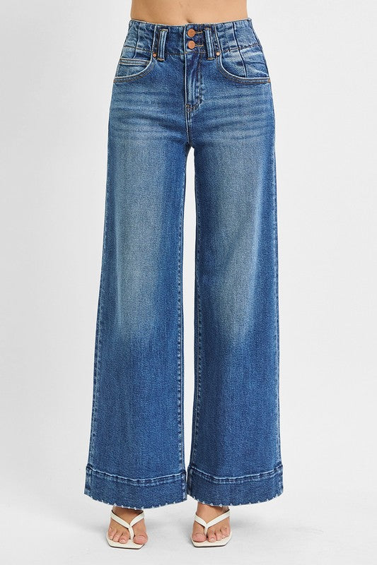 Risen-Wide Leg Detail Jeans
