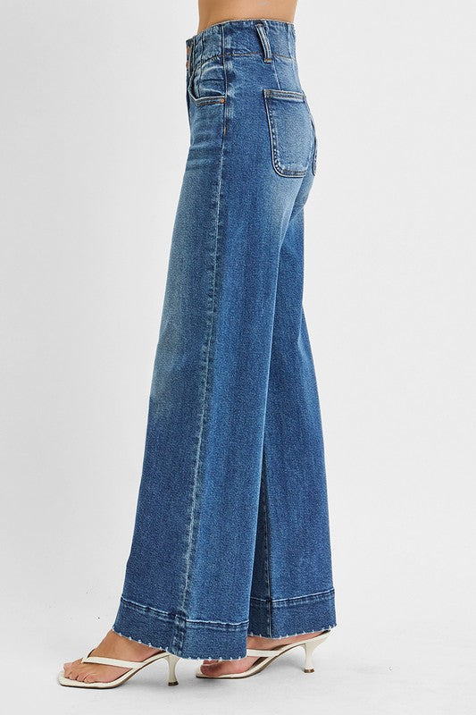 Risen-Wide Leg Detail Jeans