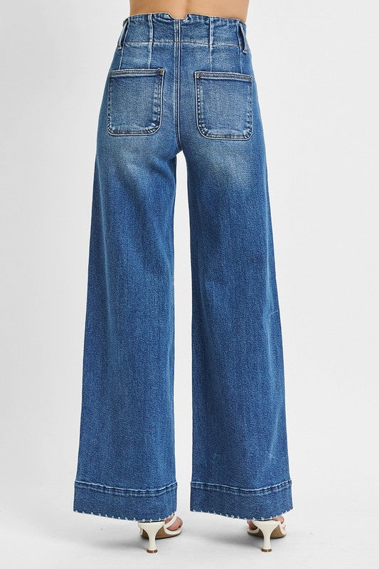 Risen-Wide Leg Detail Jeans
