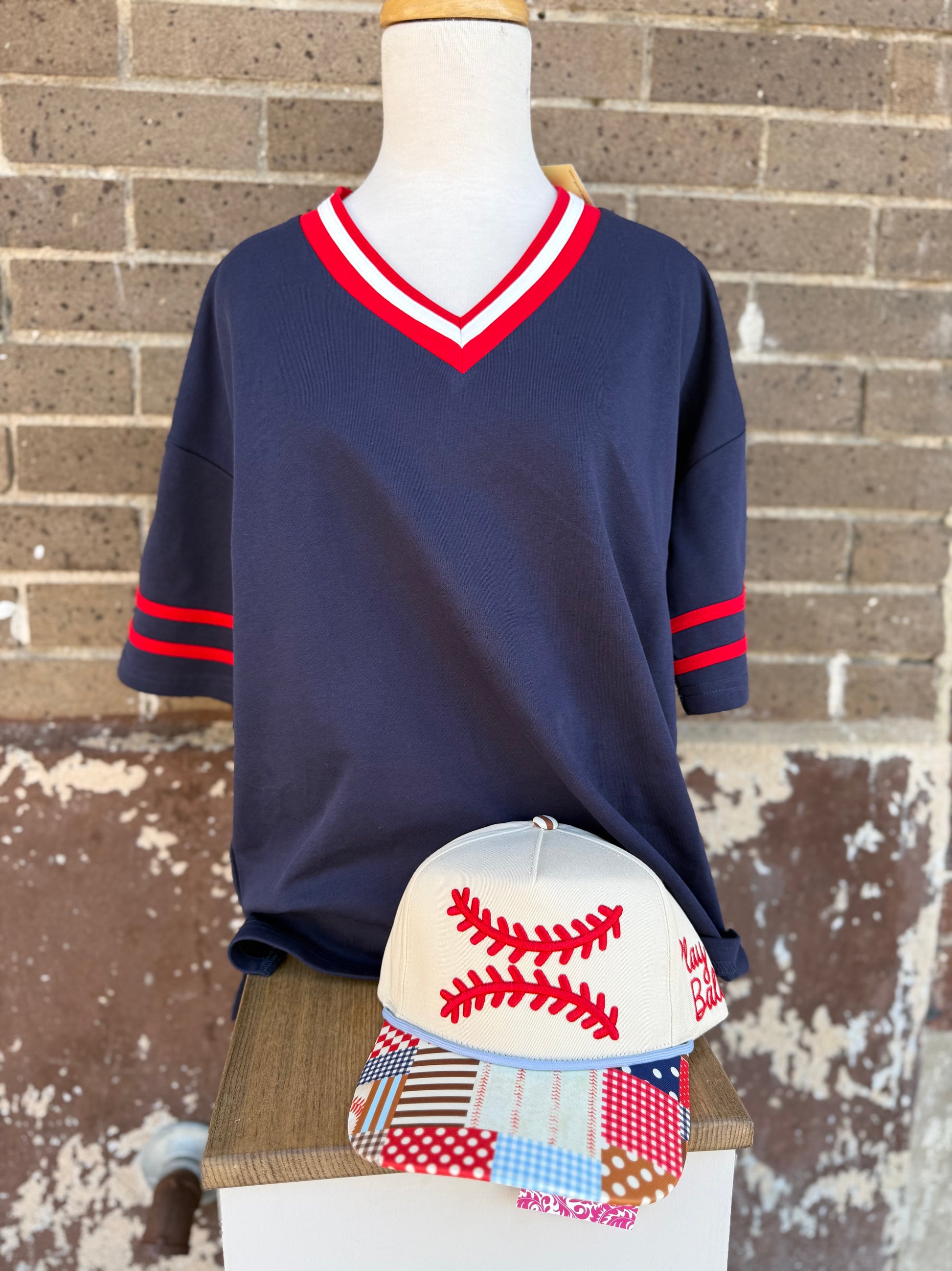 V-Neck Varsity Stripe Oversized Top - Twisted Sisters Shoetique