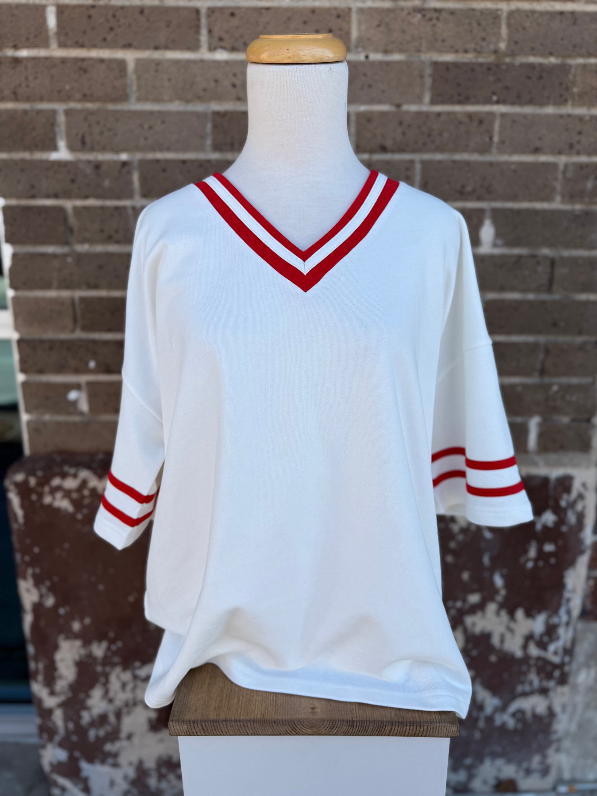 V-Neck Varsity Stripe Oversized Top - Twisted Sisters Shoetique