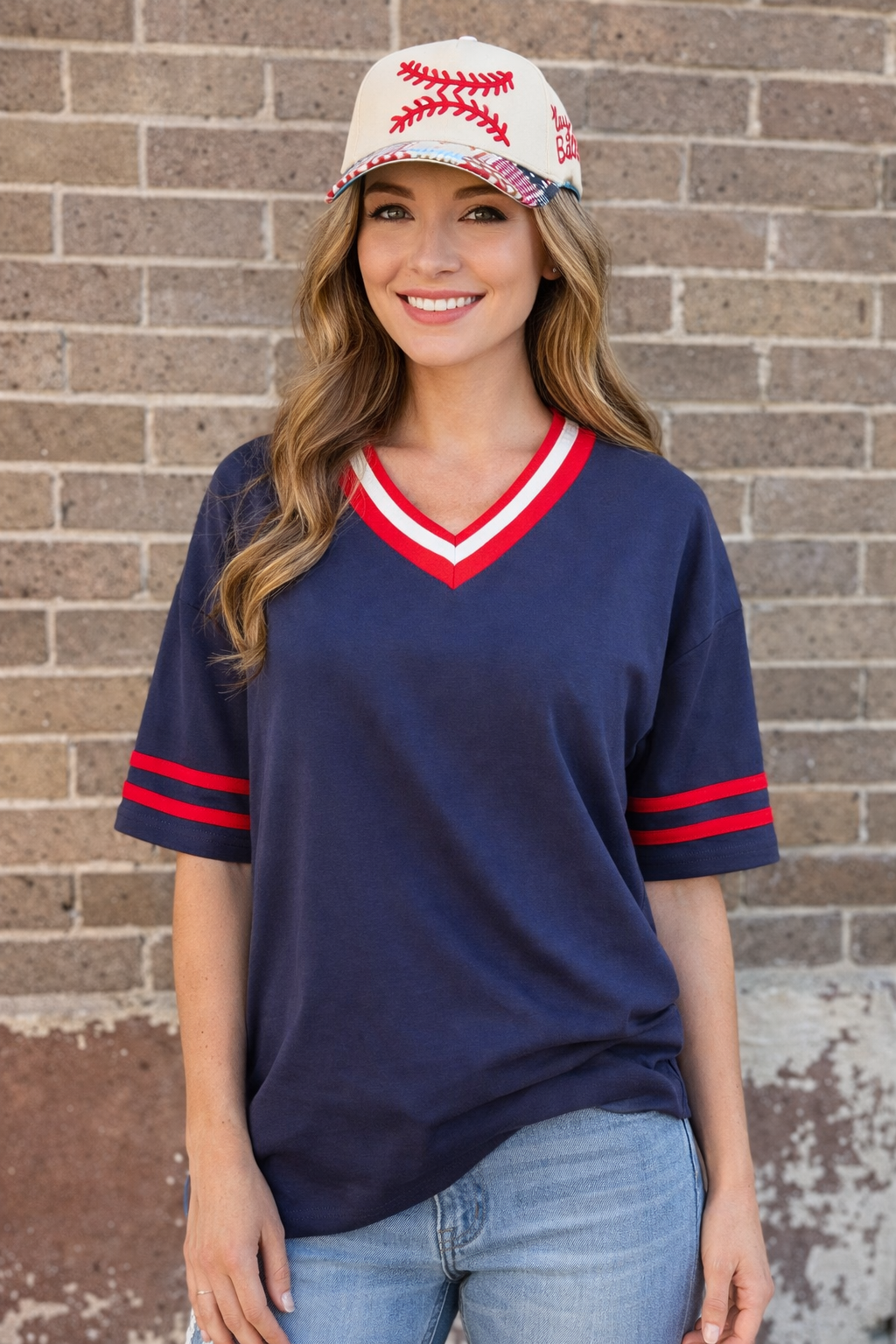 V-Neck Varsity Stripe Oversized Top - Twisted Sisters Shoetique