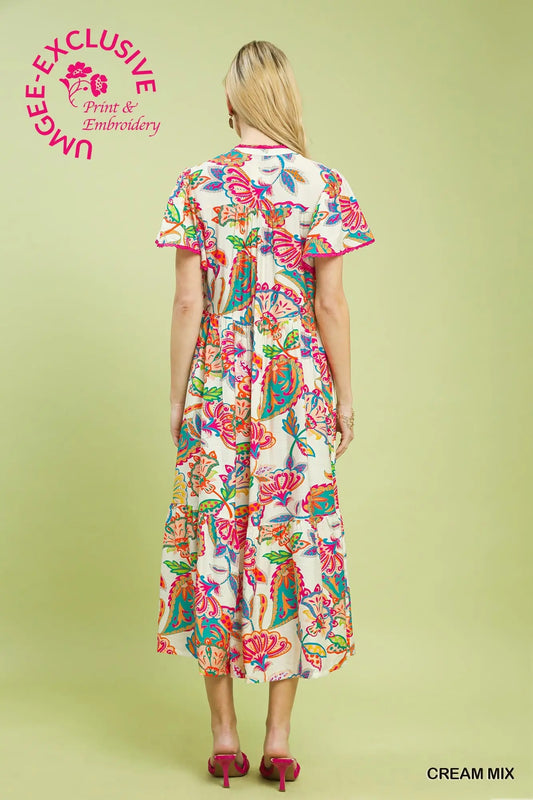 Cream boho tiered midi dress with lace trim V-neck and flutter sleeves