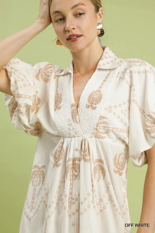 Cream embroidered puff sleeve midi dress with V-neck and high-low hem
