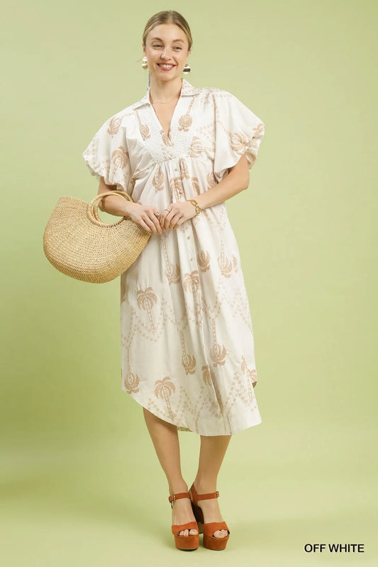 Cream embroidered puff sleeve midi dress with V-neck and high-low hem
