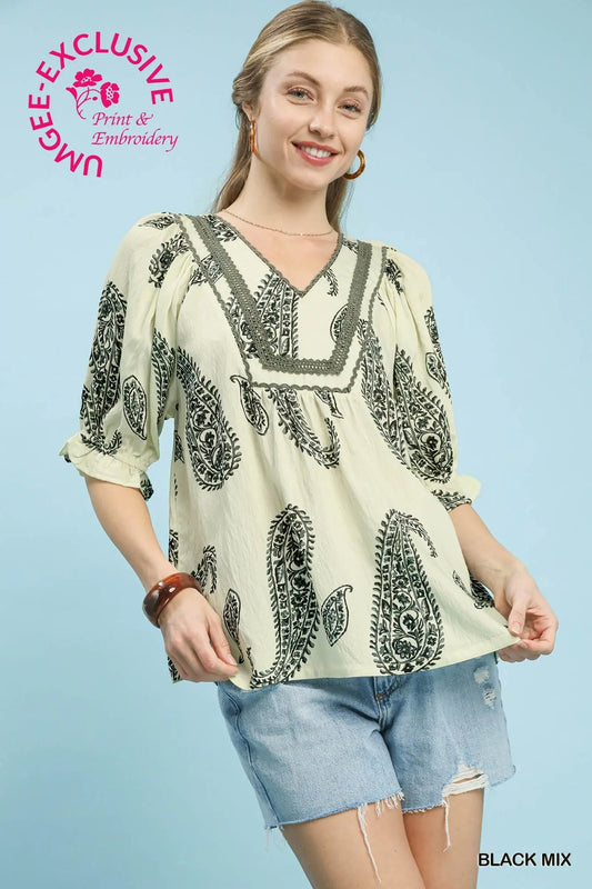 Paisley Print Lace Trim Blouse