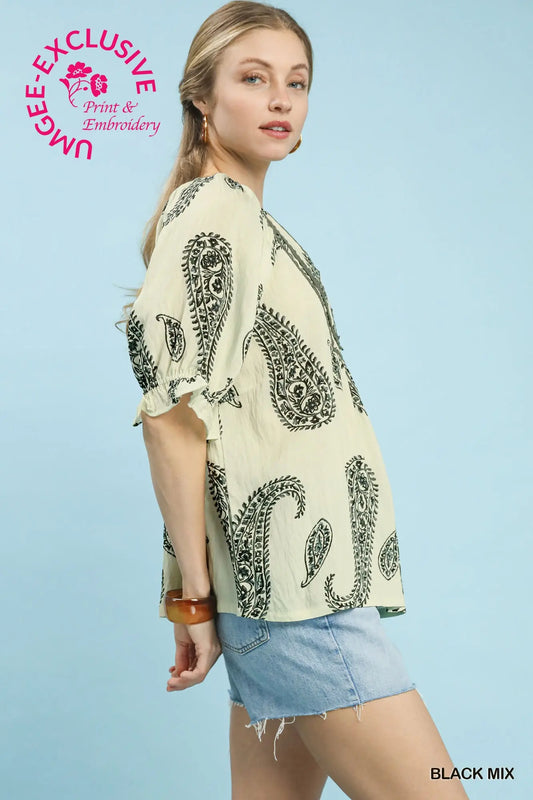 Paisley Print Lace Trim Blouse