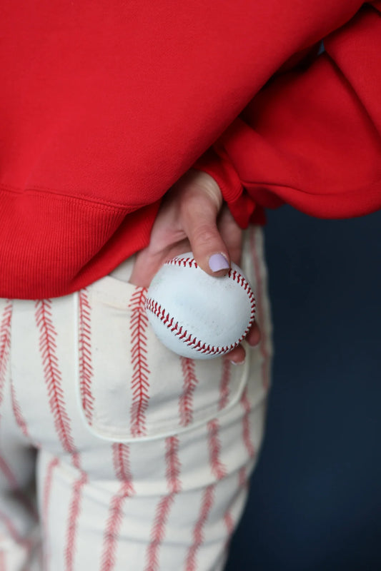 Baseball stitch high waist stretchy denim pants for women with sporty chic design
