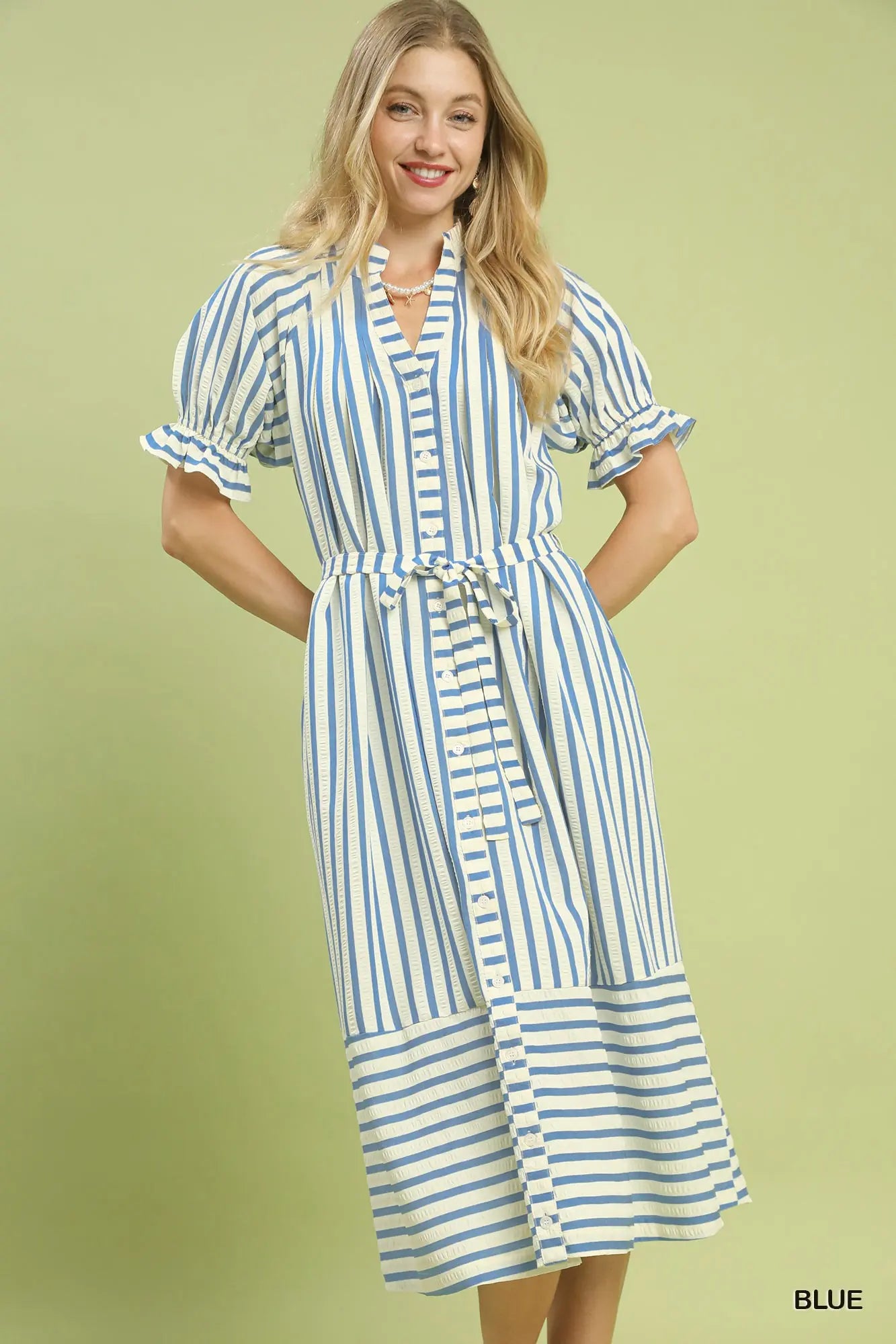 Belted Stripe Dress-Blue - Twisted Sisters Shoetique