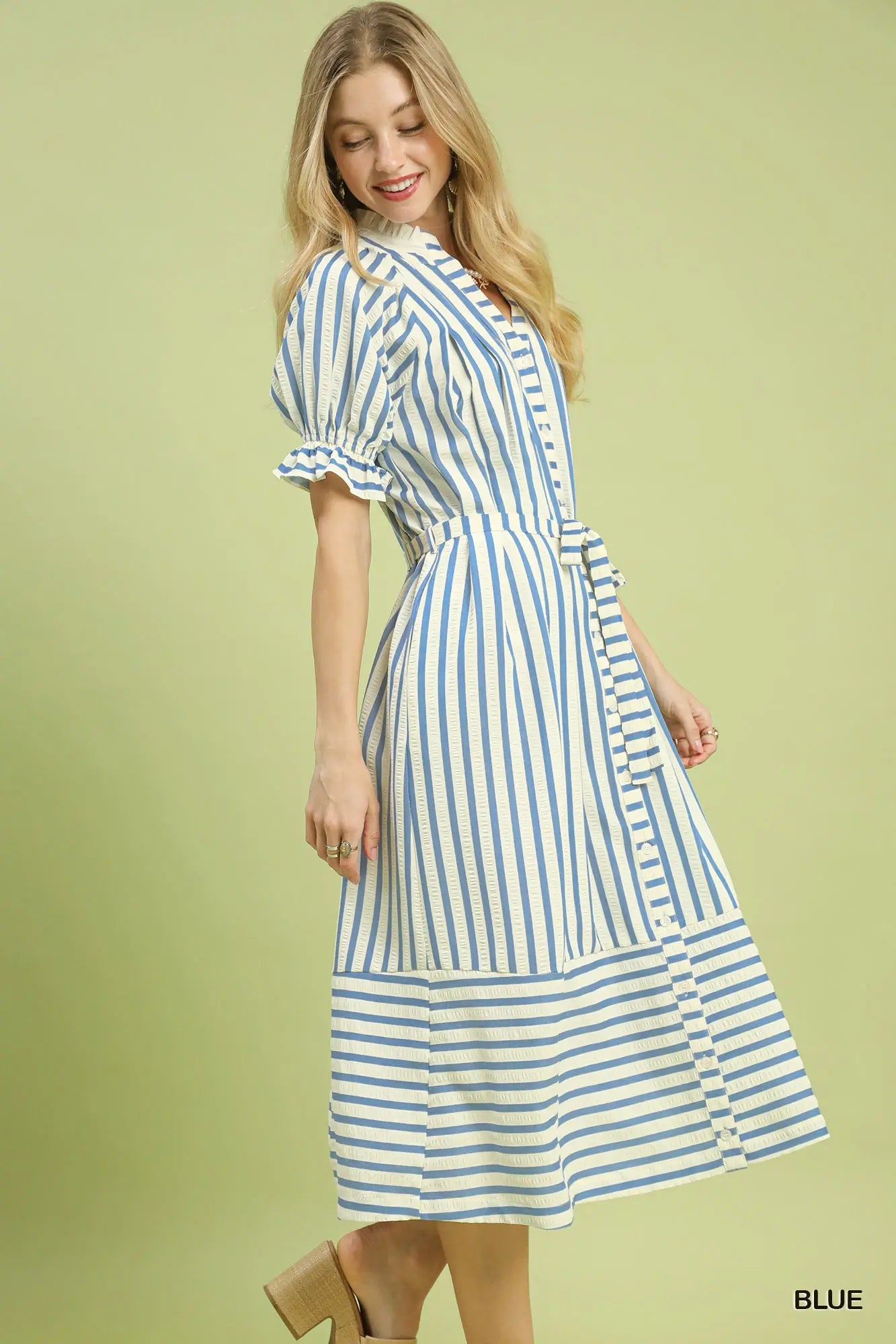 Belted Stripe Dress-Blue - Twisted Sisters Shoetique