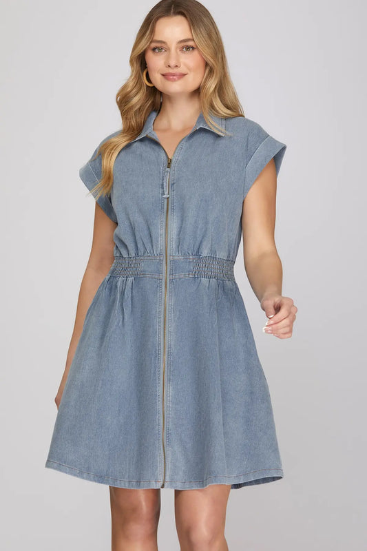 Denim Zip-Up Mini Dress with Pockets