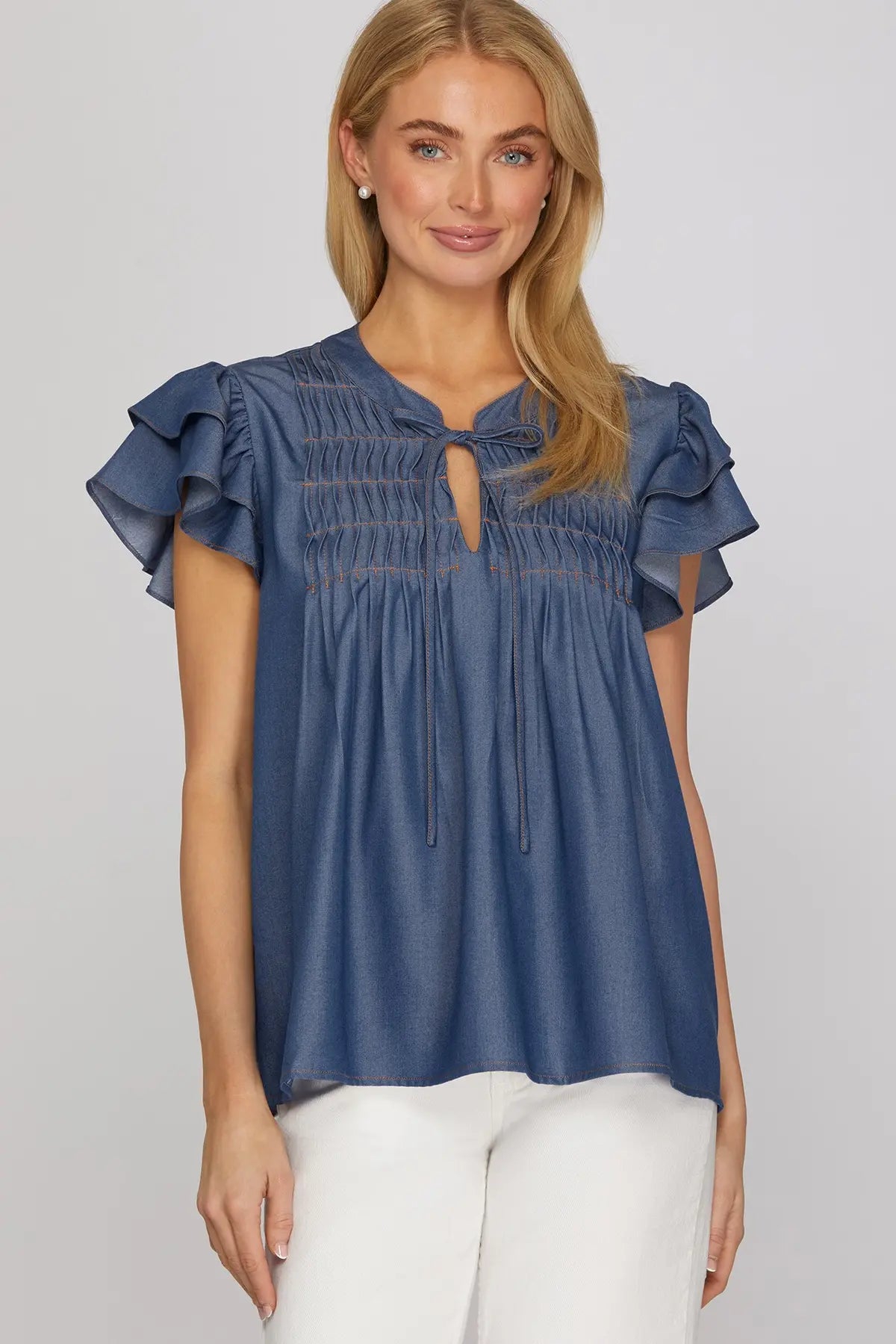 Pintuck Detail Tie Neck Woven Top - Twisted Sisters Shoetique