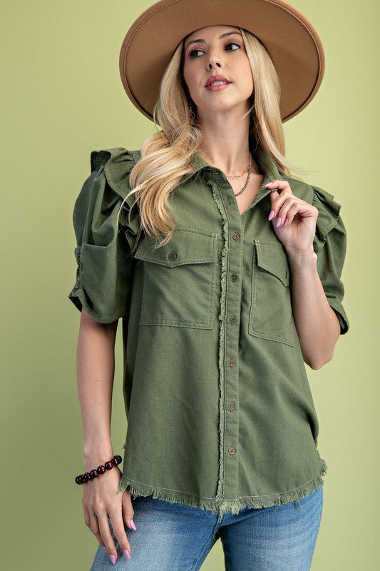 Ruffled Sleeve Linen Shirt