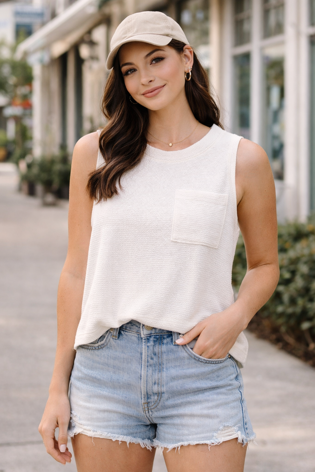 Sleeveless Pocket Tank -Off White - Twisted Sisters Shoetique