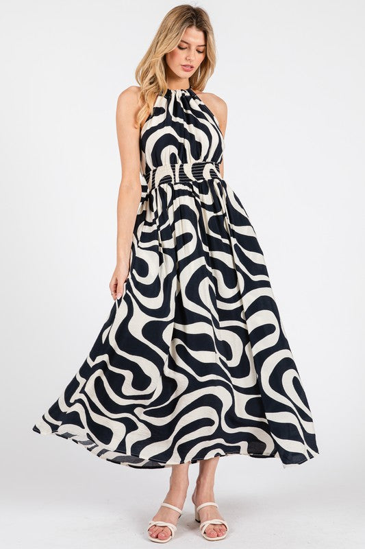 black white halter maxi dress smocked waist tieback at neck