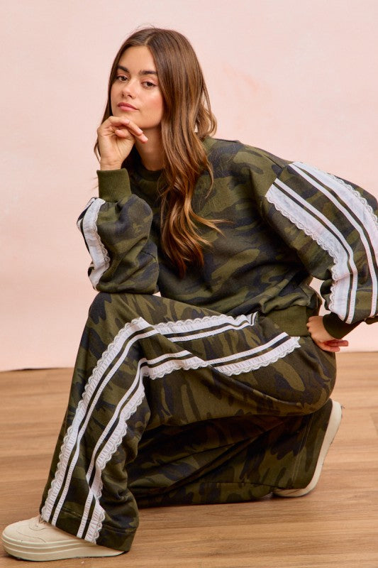 Laced Up Camo Wide Leg Sweatpants