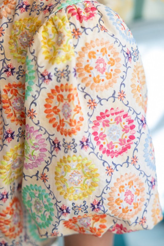 Confetti Garden Embroidered Bubble Sleeve Top