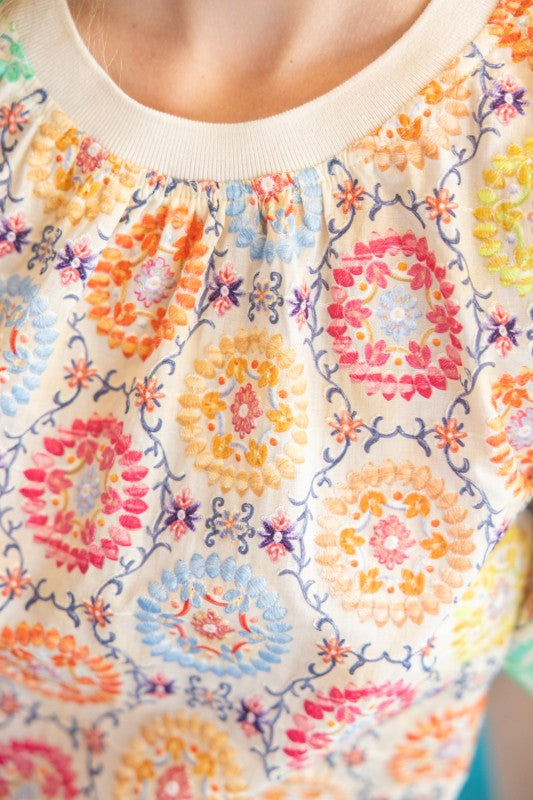Confetti Garden Embroidered Bubble Sleeve Top