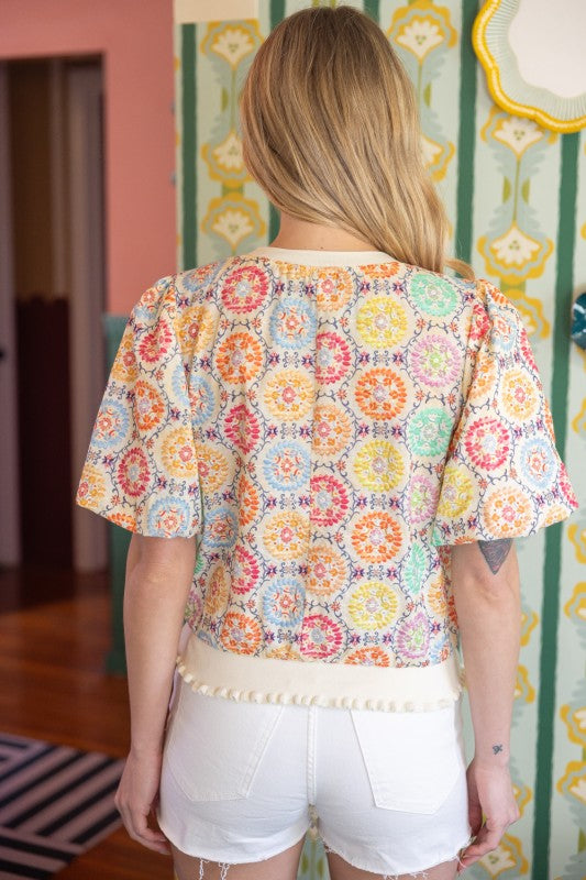 Confetti Garden Embroidered Bubble Sleeve Top
