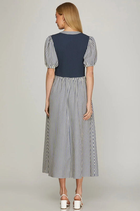 Navy Stripe Tie Front Midi Dress