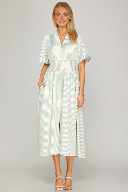 Light Blue Striped Zip Front Midi Dress