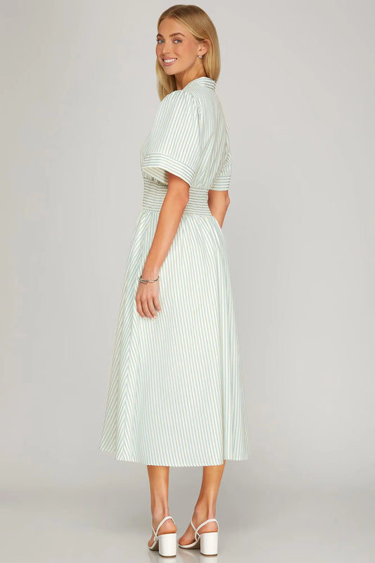 Light Blue Striped Zip Front Midi Dress