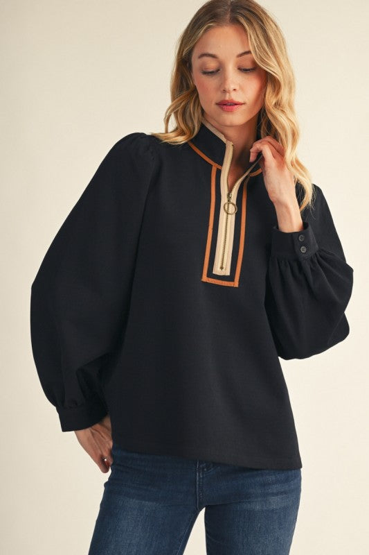 Midnight Elegance Contrast Trim Zip Blouse