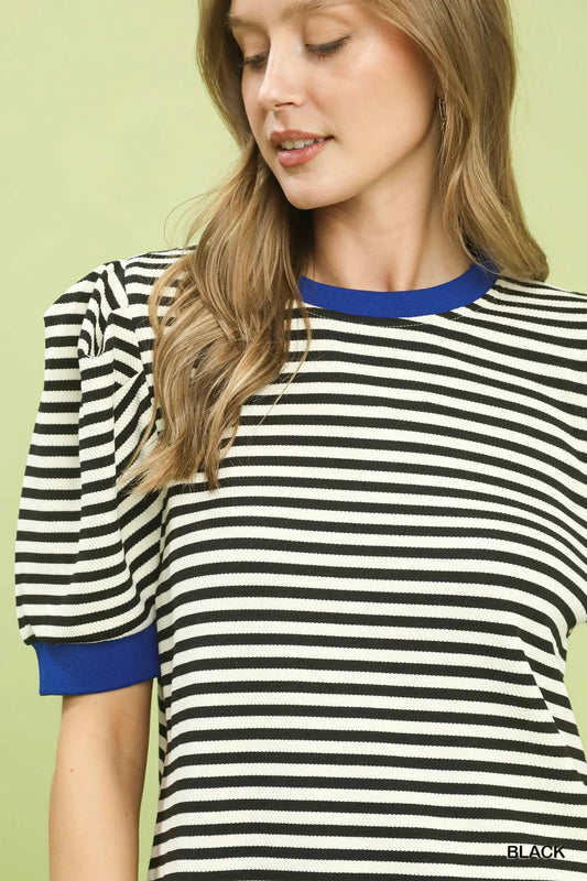 Black Striped Puff Sleeve Knit Top