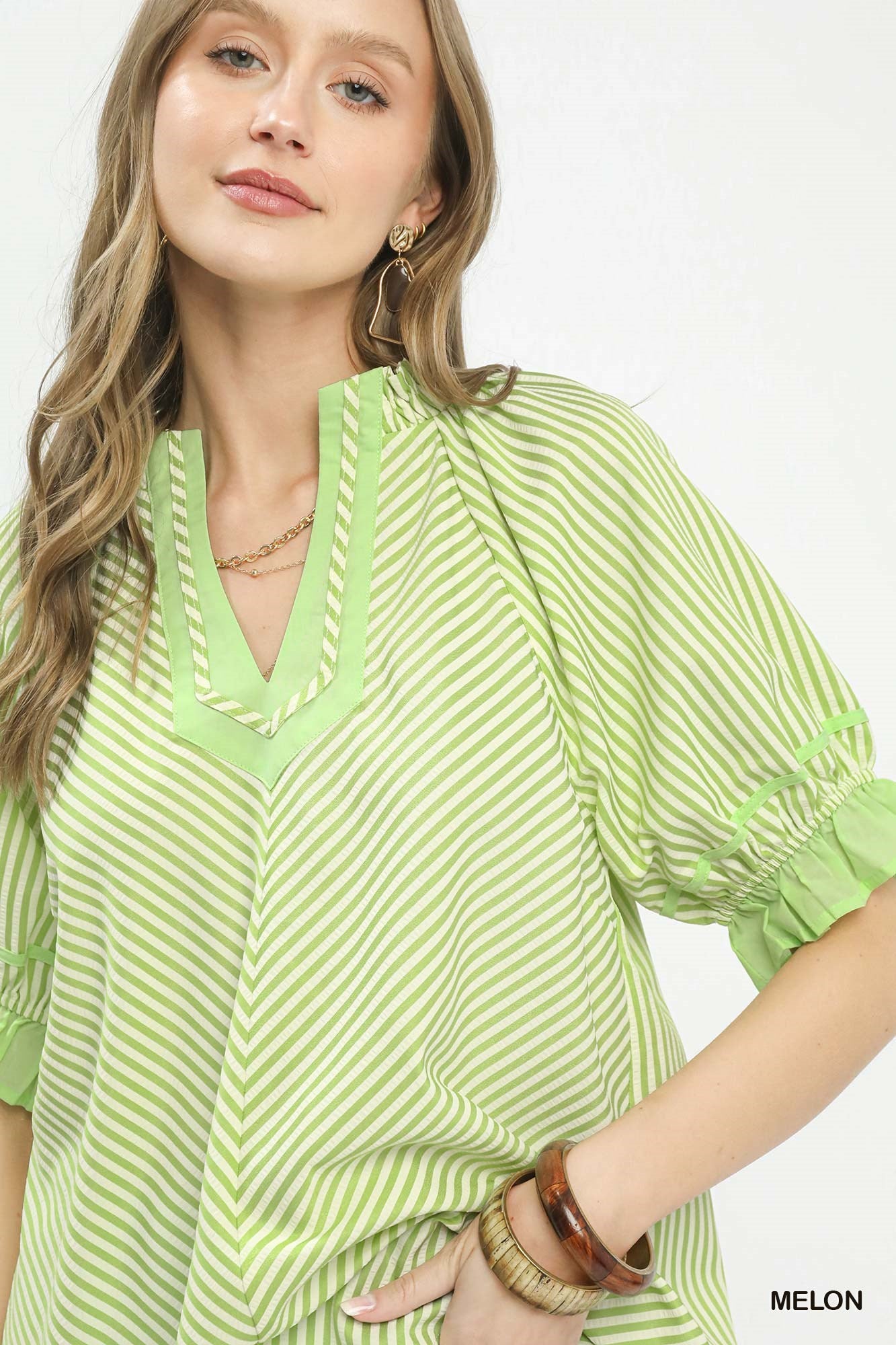 Melon Green Stripe Blouse - Twisted Sisters Shoetique