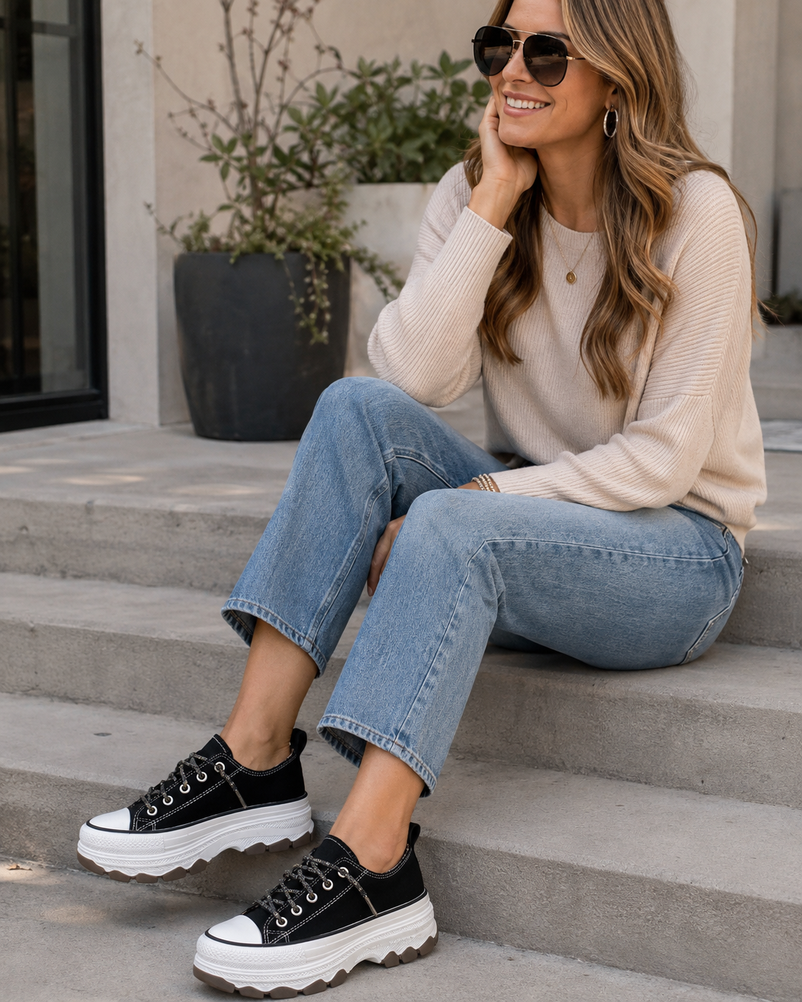 A woman sitting on outdoor concrete steps wearing a cream ribbed knit sweater, light blue cropped jeans, and black platform sneakers with white soles.