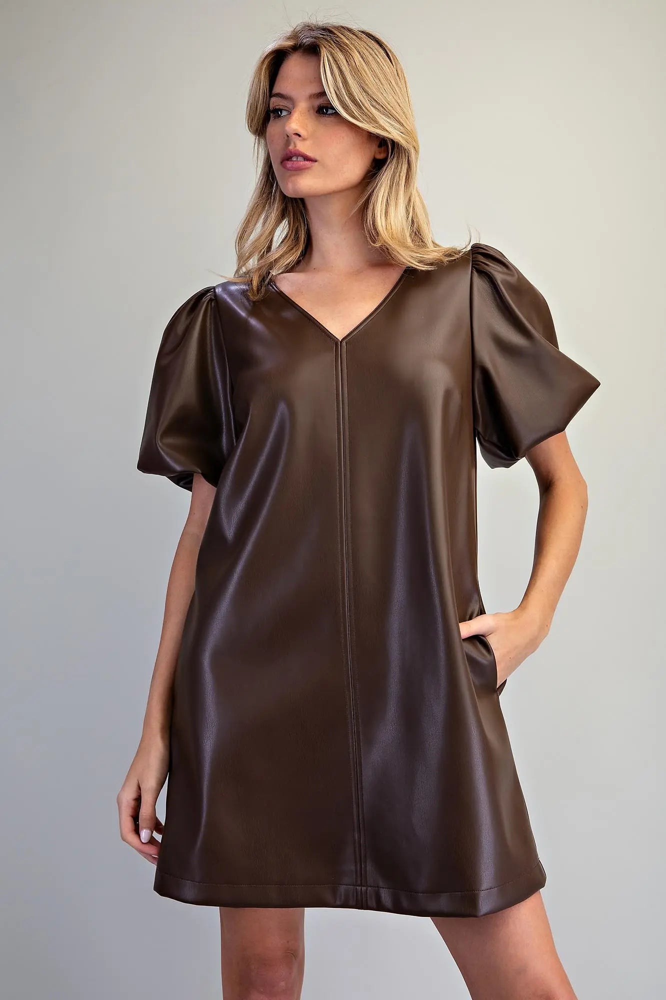 Espresso Pleather V-Neck Dress