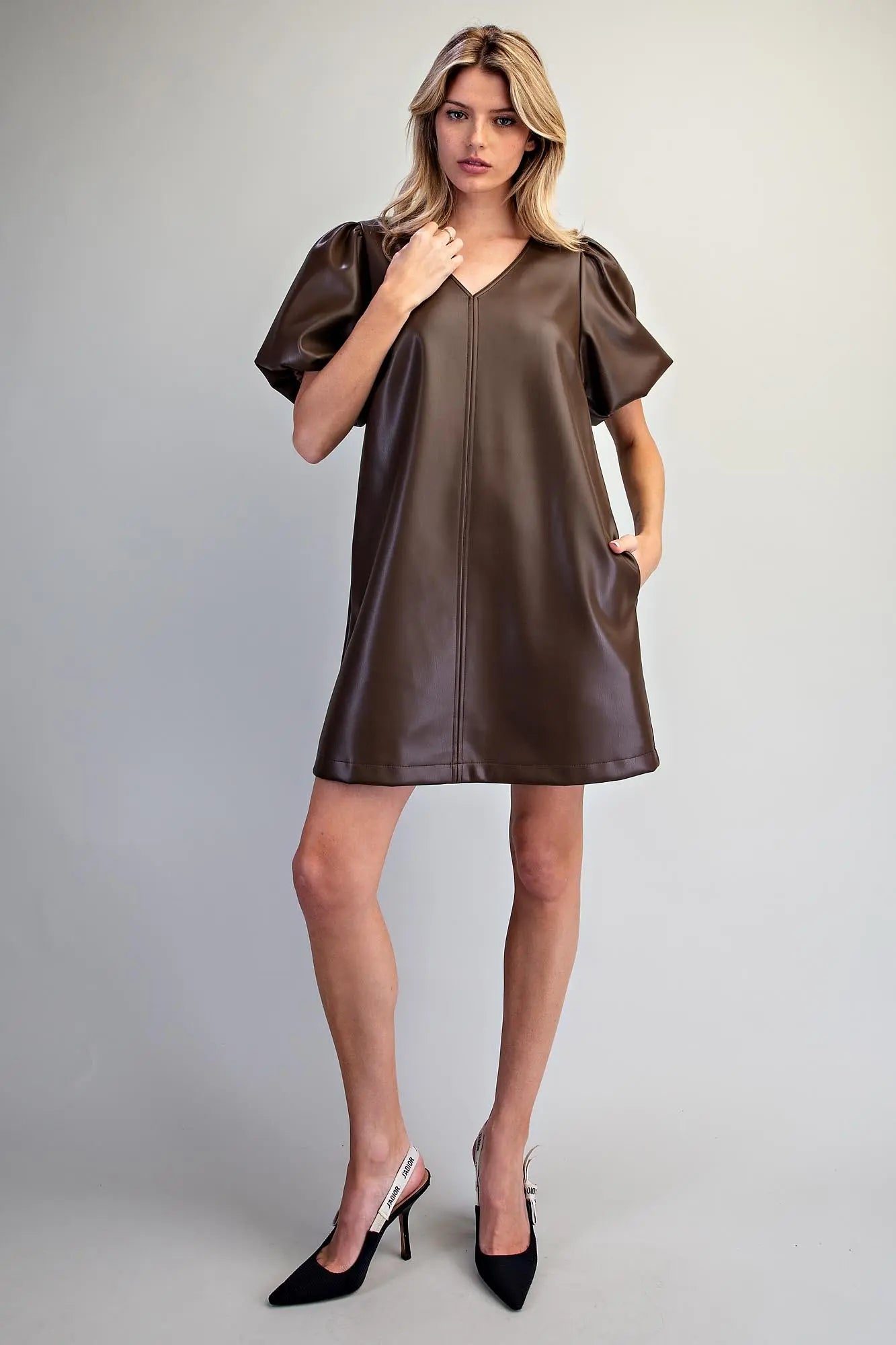 Espresso Pleather V-Neck Dress