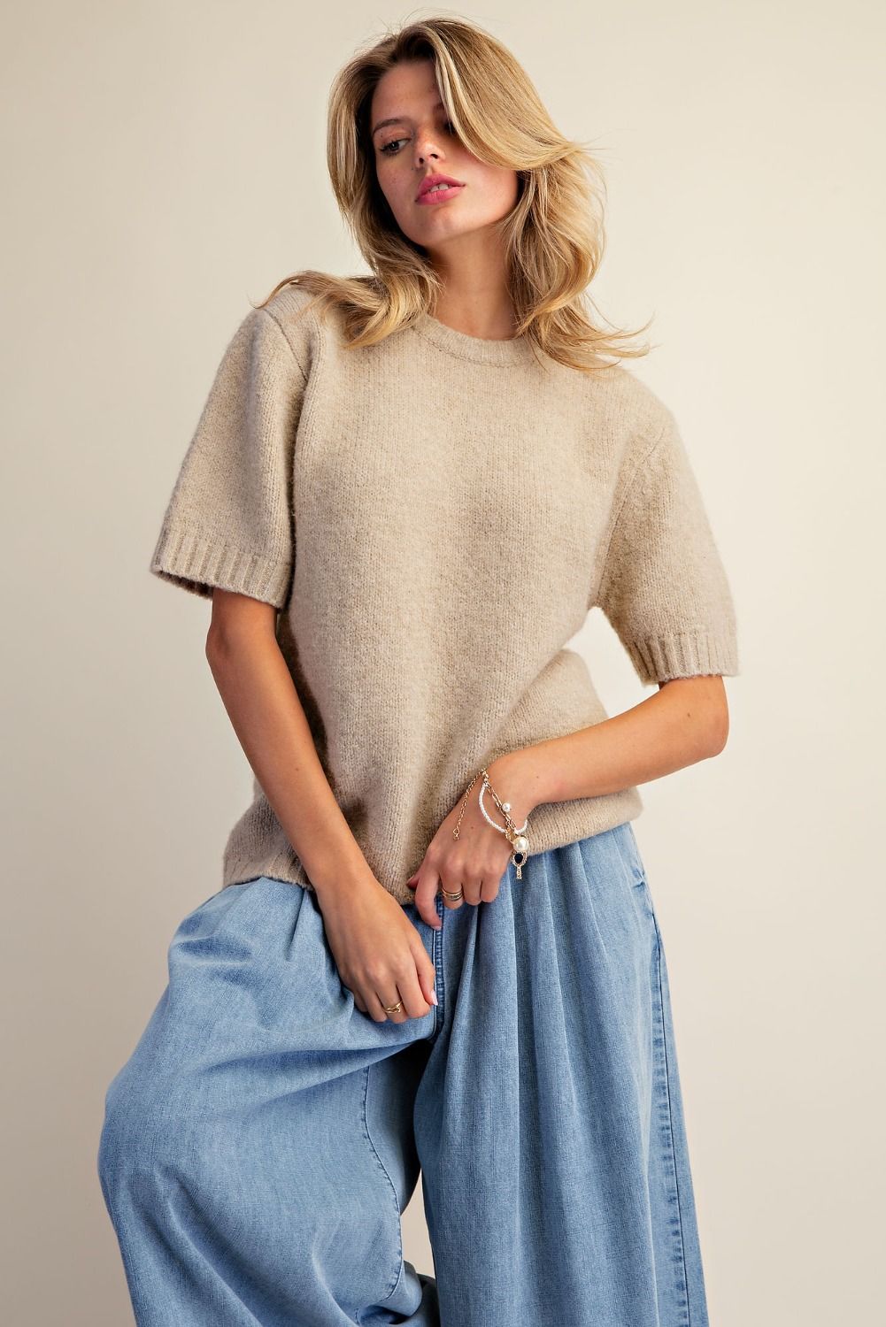     Fuzzy textured sweater with round neckline for women