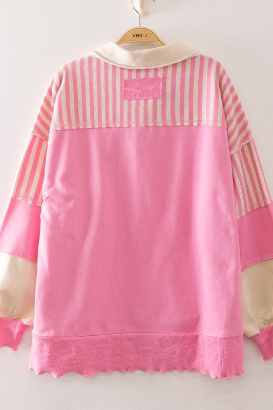 Mixed Stripe Collared Knit Top