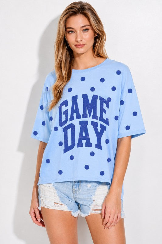 Game Day Polka Dot Side Slit Top – Blue.