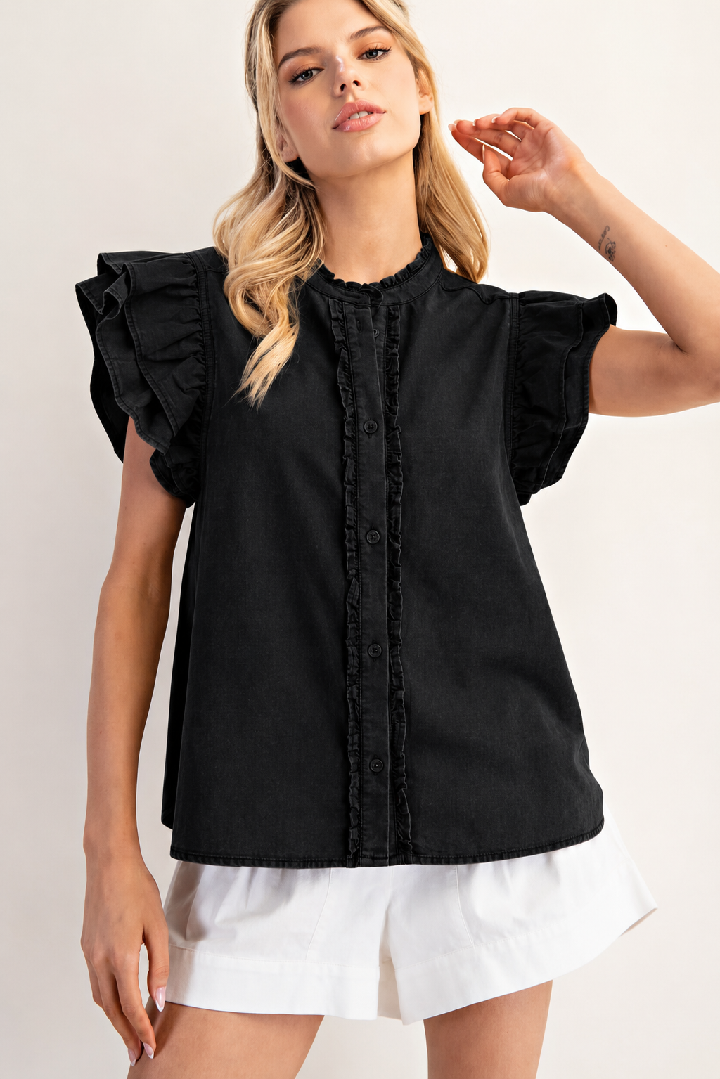 Washed Ruffle Trim Flutter Sleeve Blouse