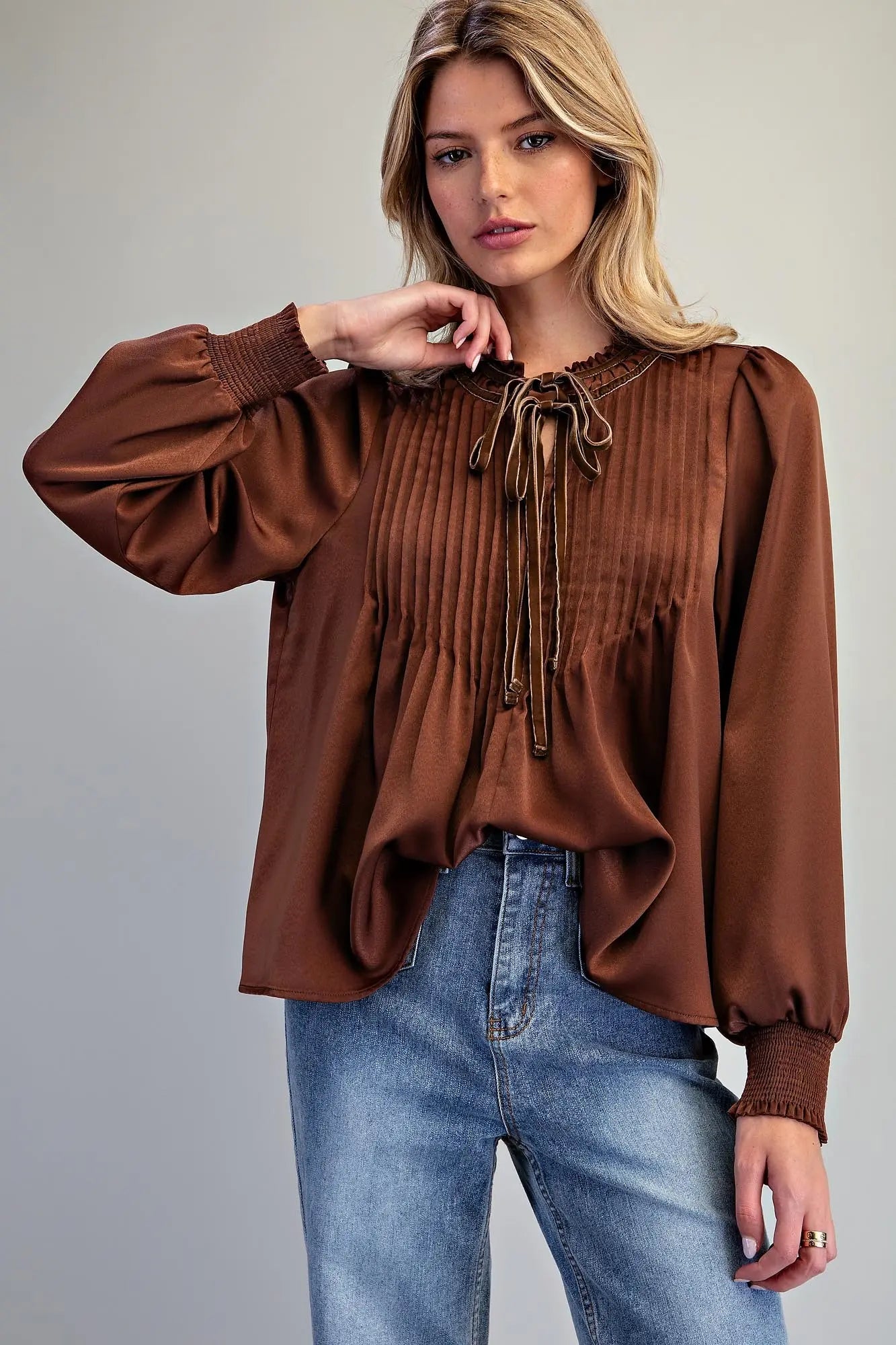 Pin Tuck Tie Neck Smocked Cuff Blouse – Brown