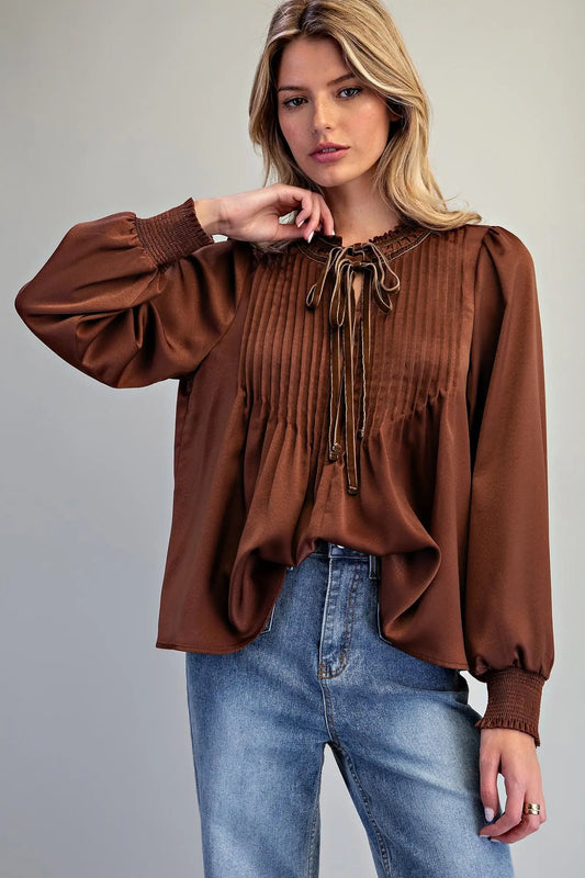 Pin Tuck Tie Neck Smocked Cuff Blouse – Brown