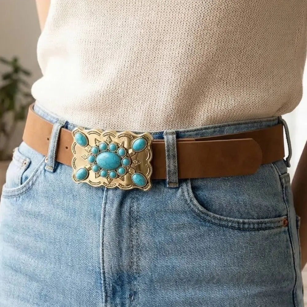 Turquoise Stone Statement Buckle Western Belt
