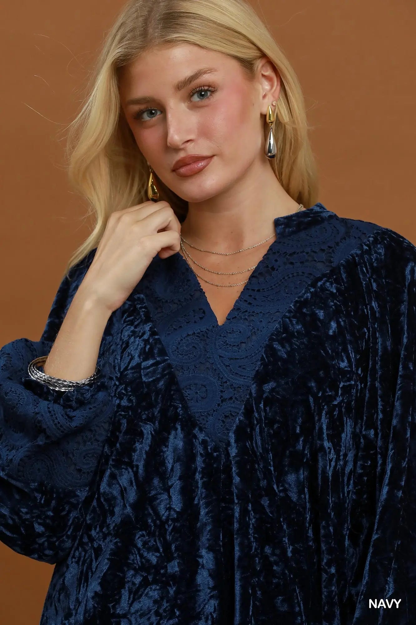 After Midnight Velvet Lace Blouse – Navy