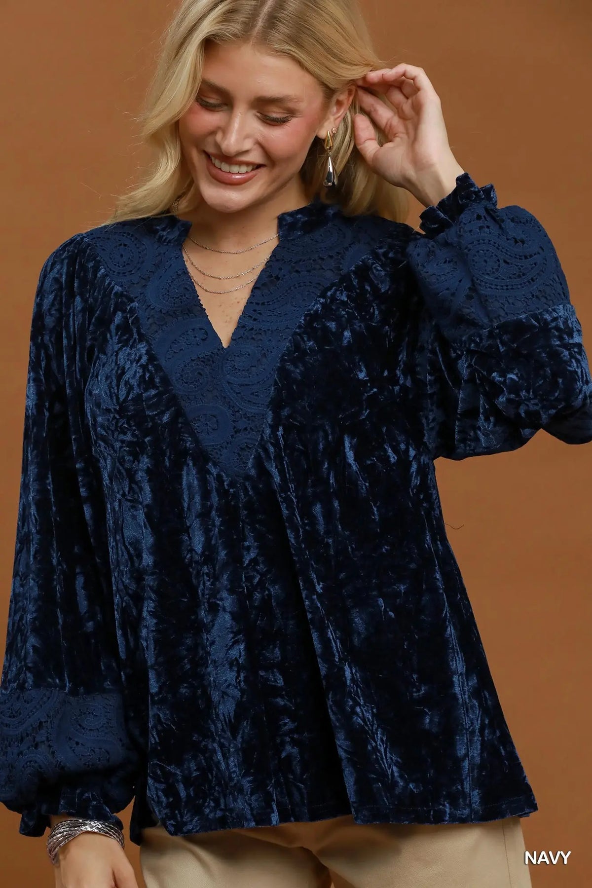 After Midnight Velvet Lace Blouse – Navy