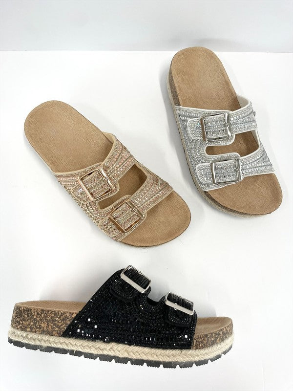 black rhinestone double buckle sandal