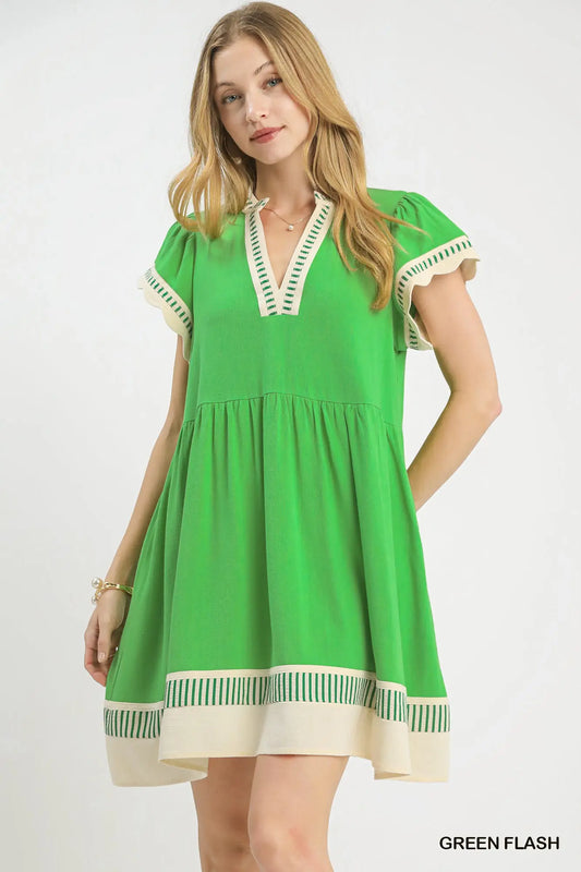 Linen Ruffle Sleeve Dress-Green