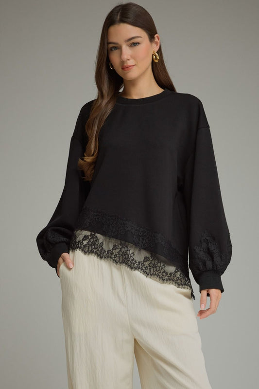 Black Lace Trim Balloon Sleeve Top