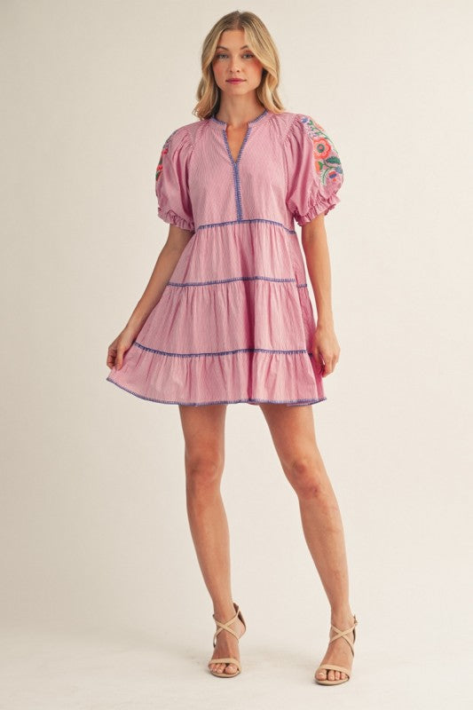 Embroidered Tiered Mini Dress-Berry - Twisted Sisters Shoetique