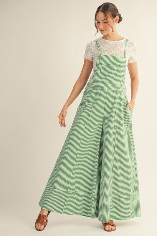 Green Striped Wide Leg Overalls - Twisted Sisters Shoetique