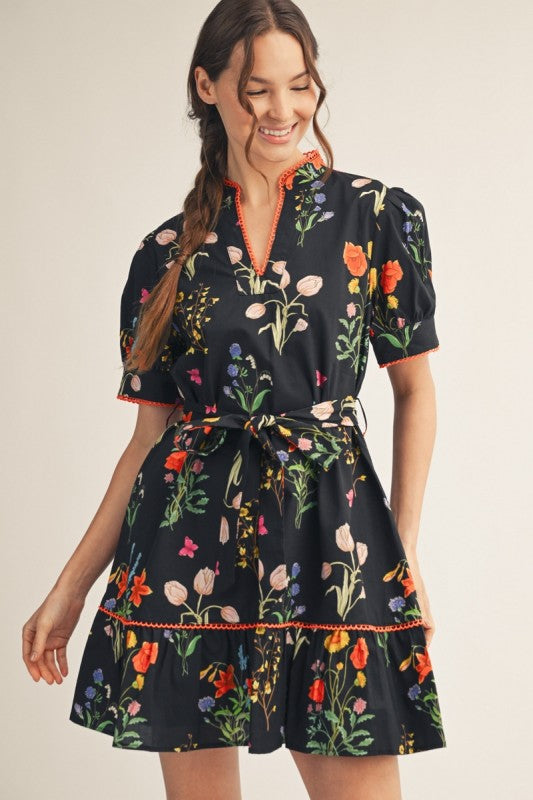 Black Floral Puff Sleeve Mini Dress