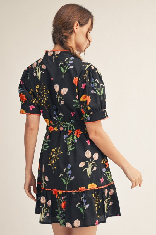 Black Floral Puff Sleeve Mini Dress - Twisted Sisters Shoetique